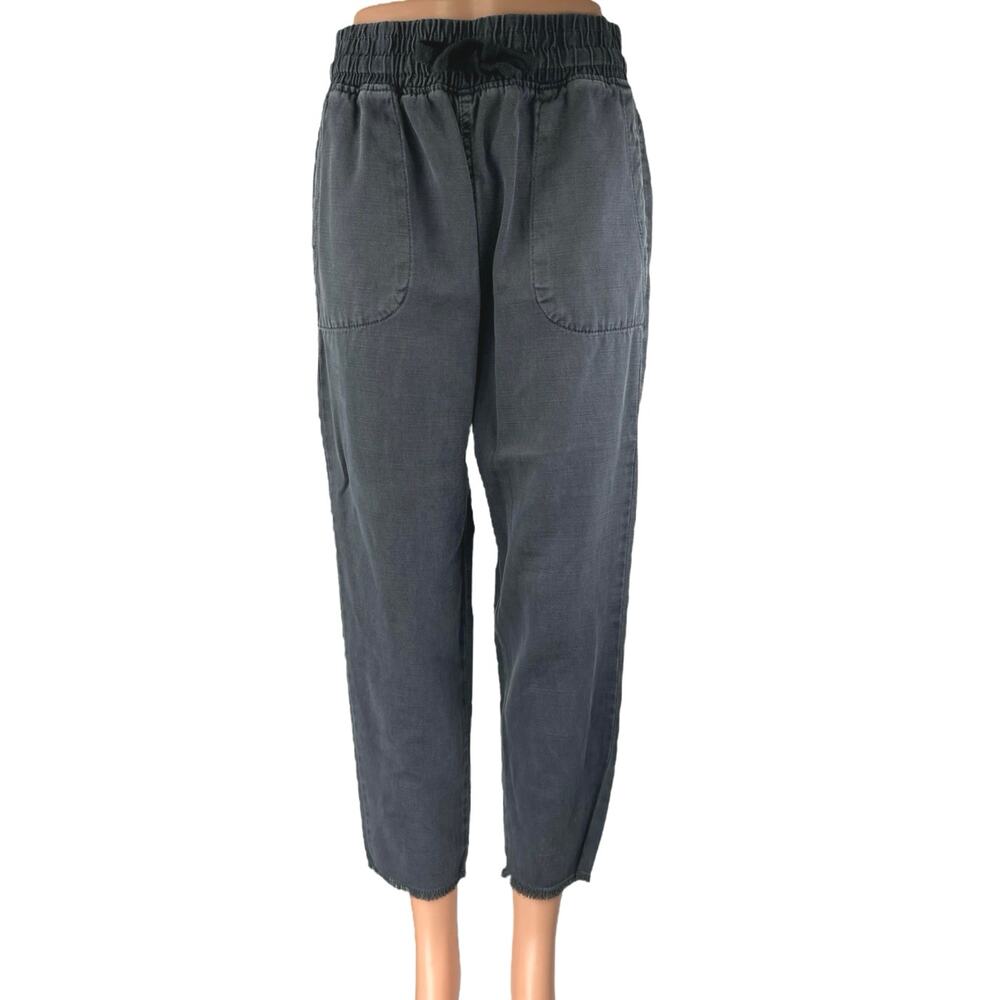 Zara Black Gray Drawstring Raw Hem High Waist Straight Leg Trousers Pants Size S